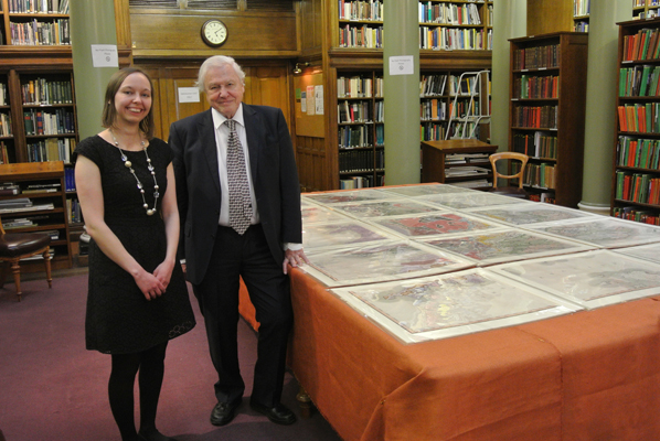 Sir David Attenborough at the Bicentenary launch on 23rd March 2015, with Victoria Woodcock, former Archive Assistant, who discovered the map